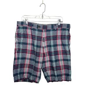 BROOKS BROTHERS / blue red white plaid linen blend shorts / 36